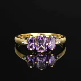 Vintage Gold Diamond Three Stone Amethyst Ring