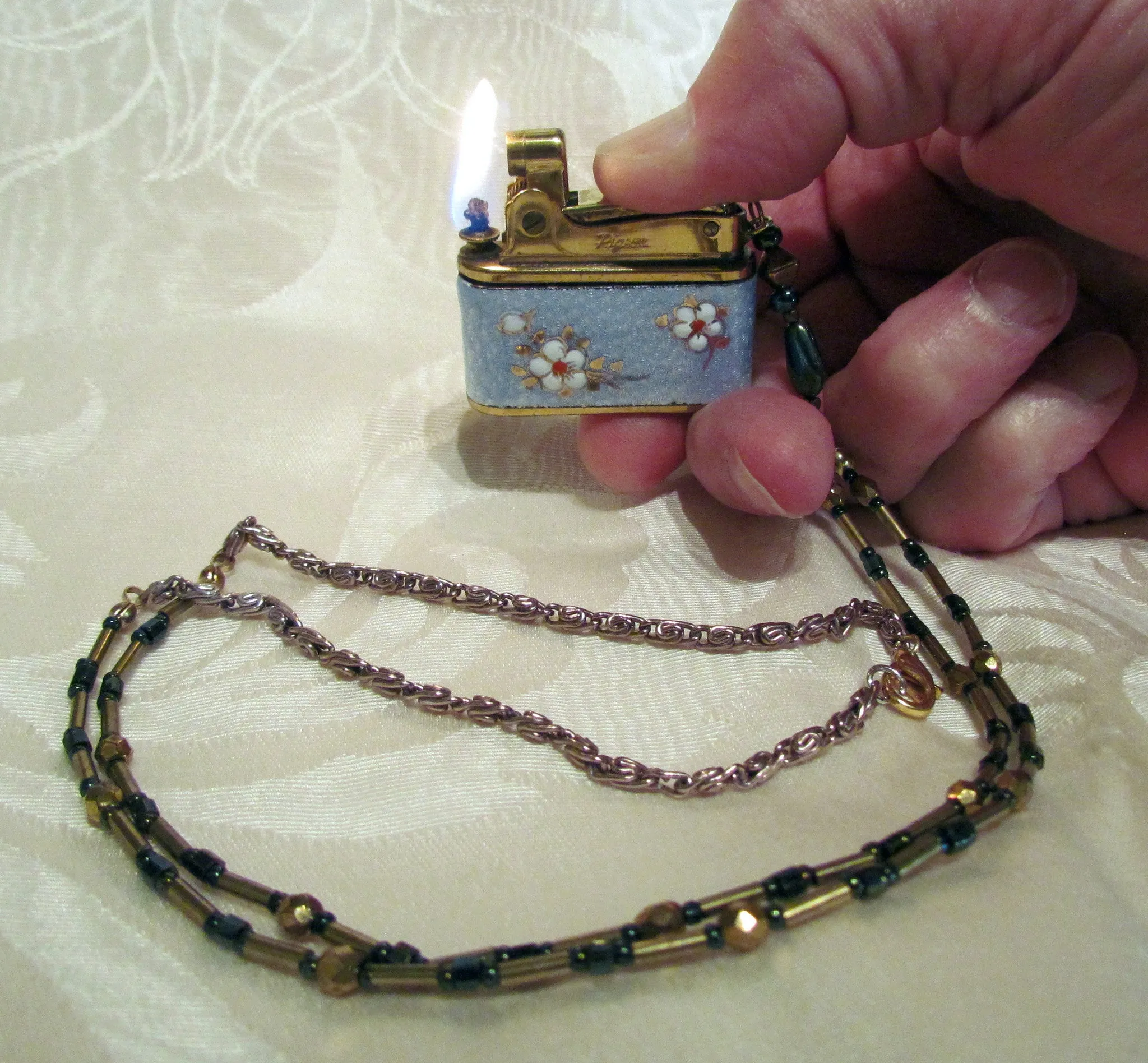 Vintage Guilloche Lighter Necklace OOAK Handmade Chain Working Pigeon Floral Lighter