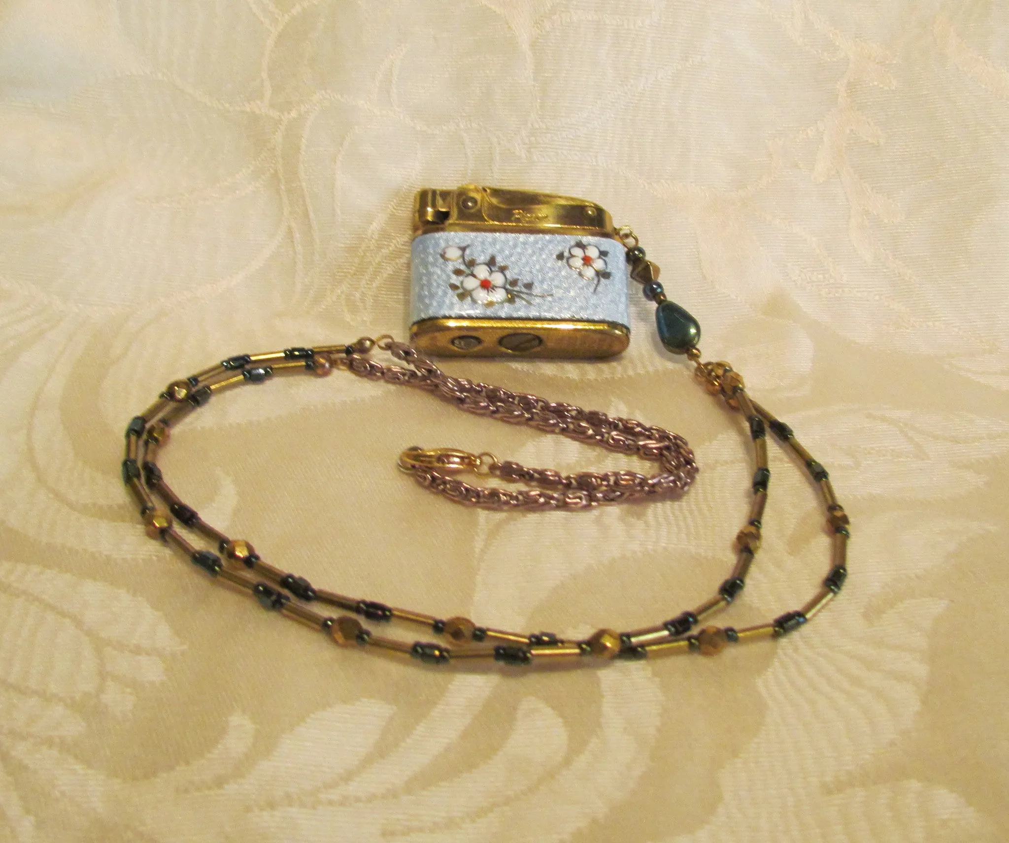 Vintage Guilloche Lighter Necklace OOAK Handmade Chain Working Pigeon Floral Lighter