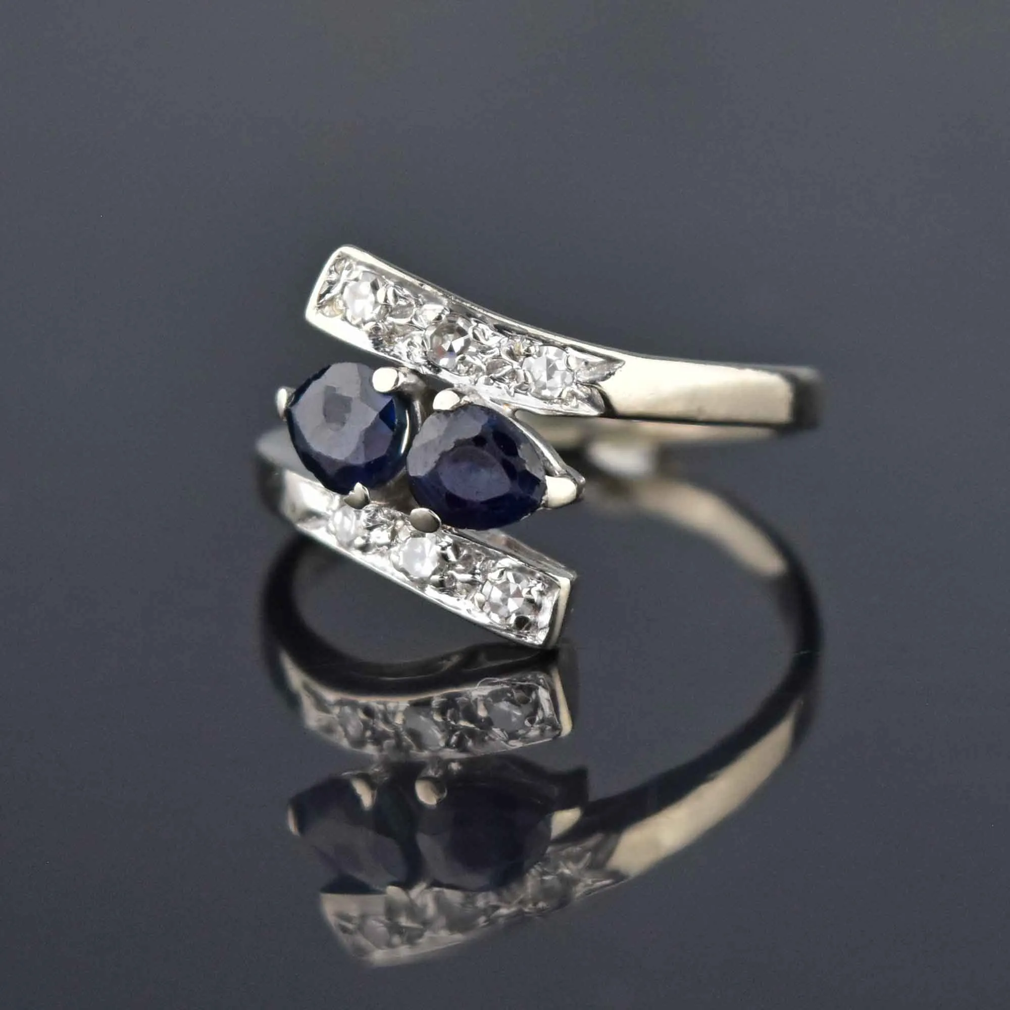 VIntage Sapphire Diamond 14K Gold Bypass Ring