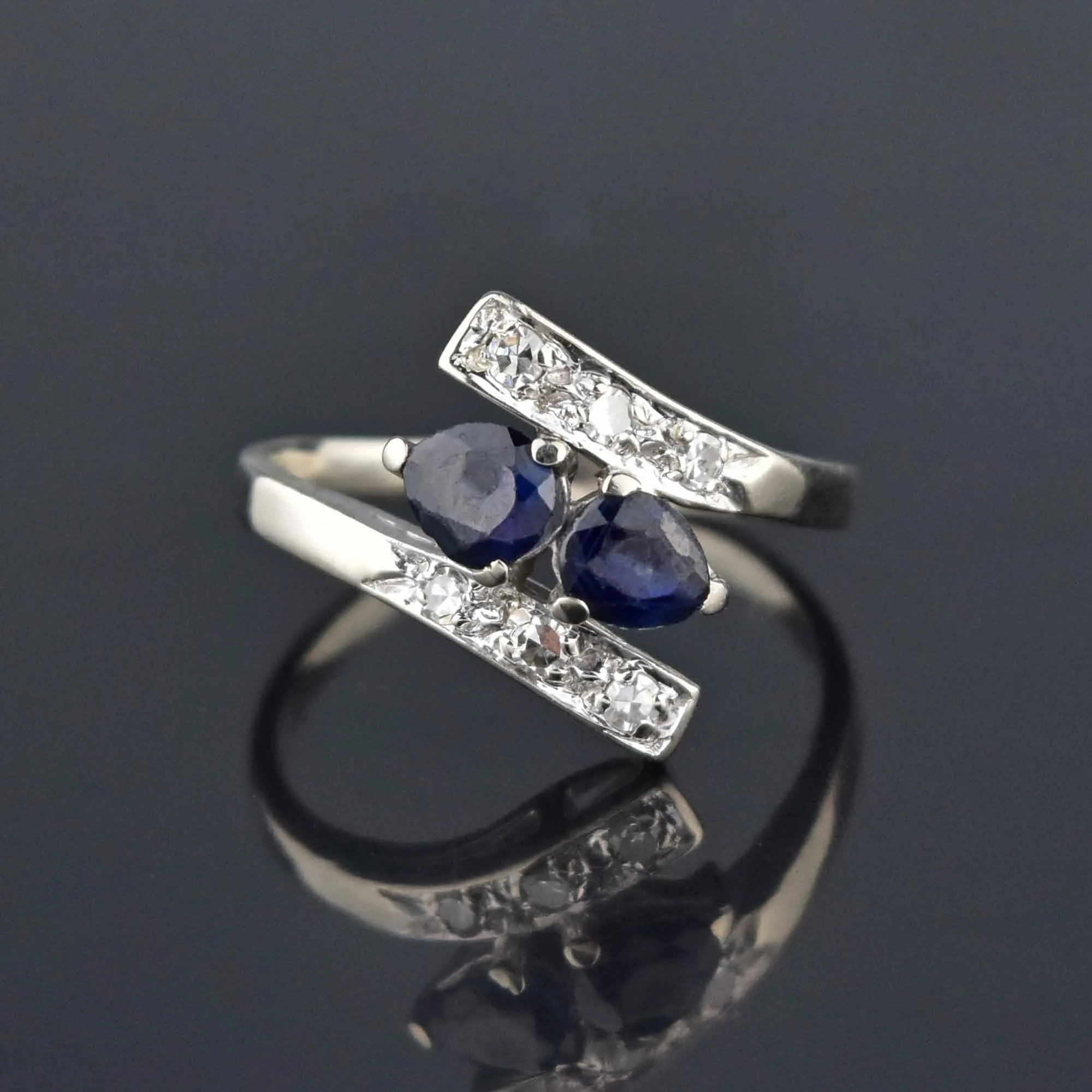 VIntage Sapphire Diamond 14K Gold Bypass Ring