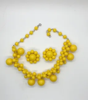 Vintage Sunny Yellow Beaded Drop Necklace and Earrings Set