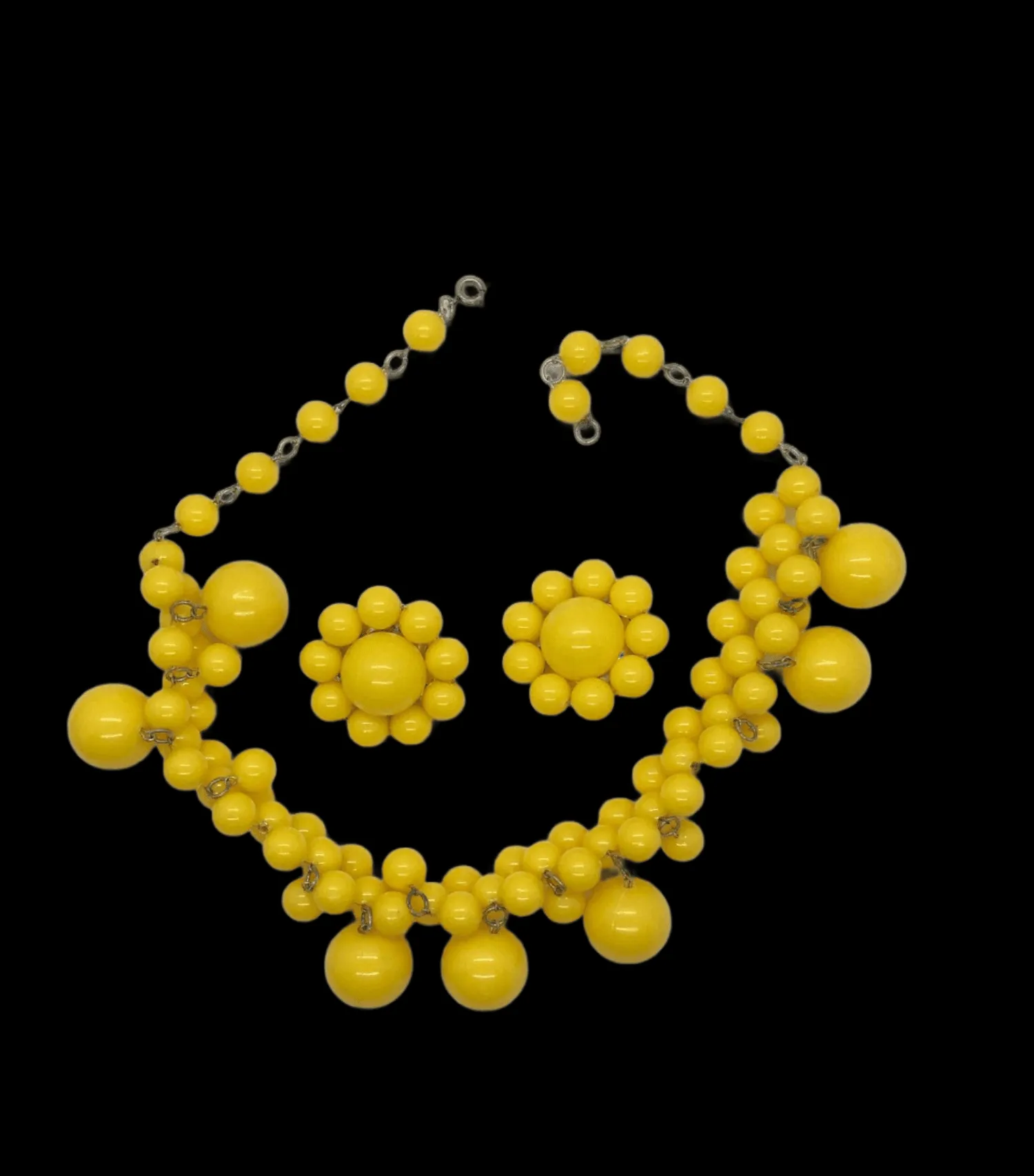 Vintage Sunny Yellow Beaded Drop Necklace and Earrings Set