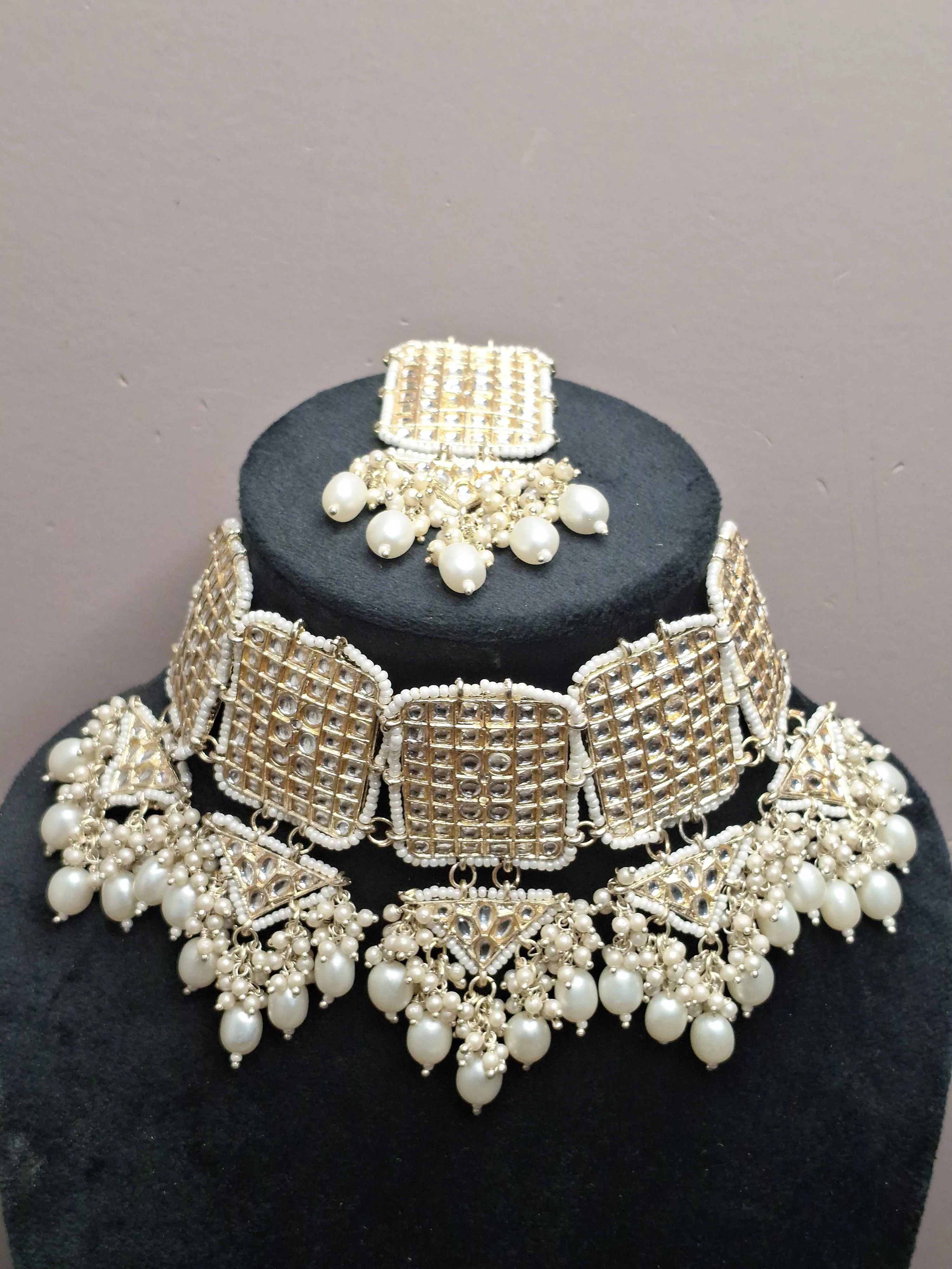 White Colour Gold Plated Pearl Choker Necklace with Earring & Maang Tikka