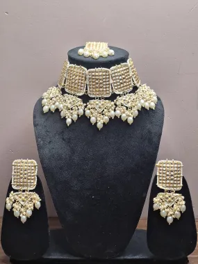 White Colour Gold Plated Pearl Choker Necklace with Earring & Maang Tikka