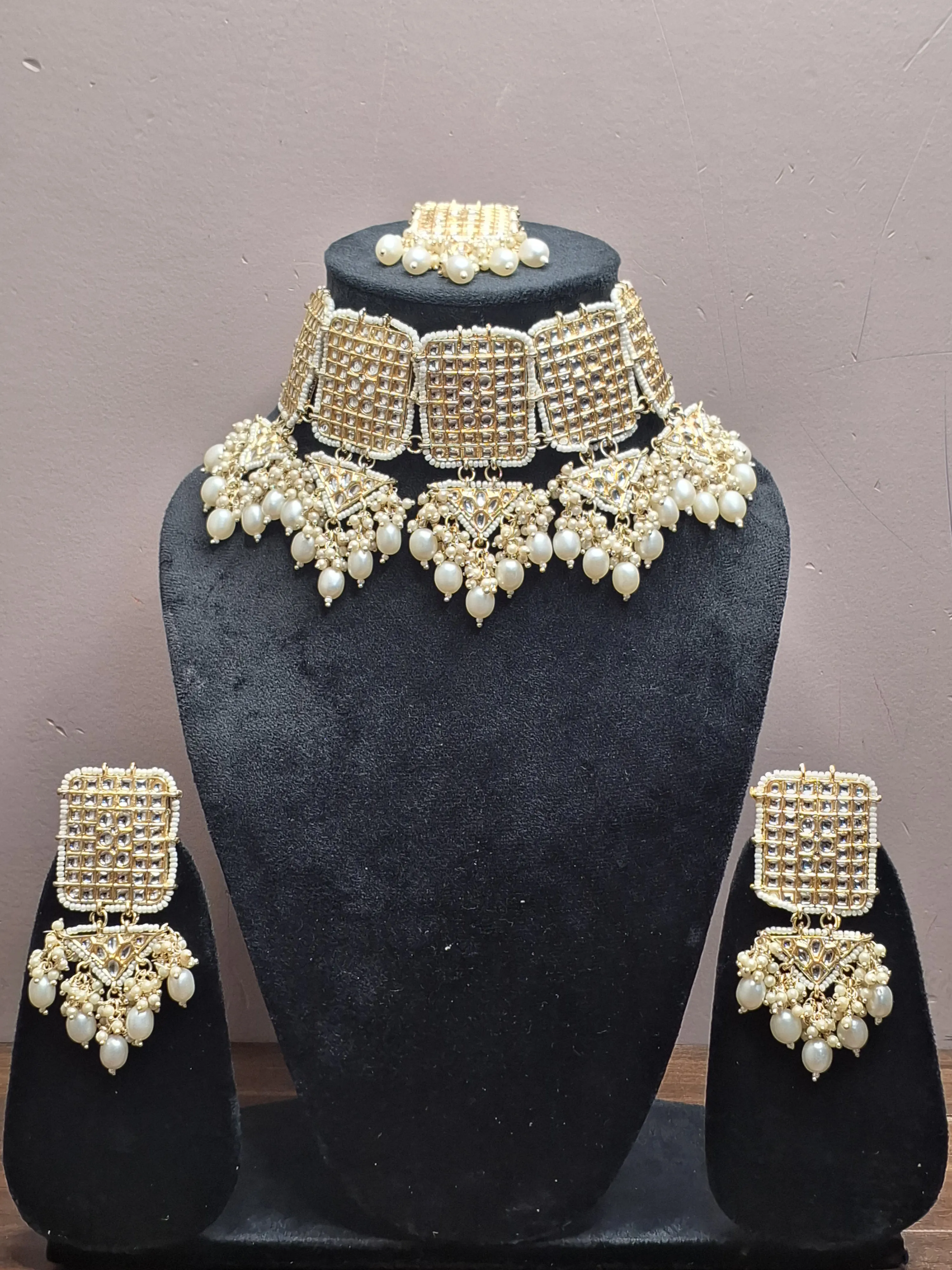 White Colour Gold Plated Pearl Choker Necklace with Earring & Maang Tikka