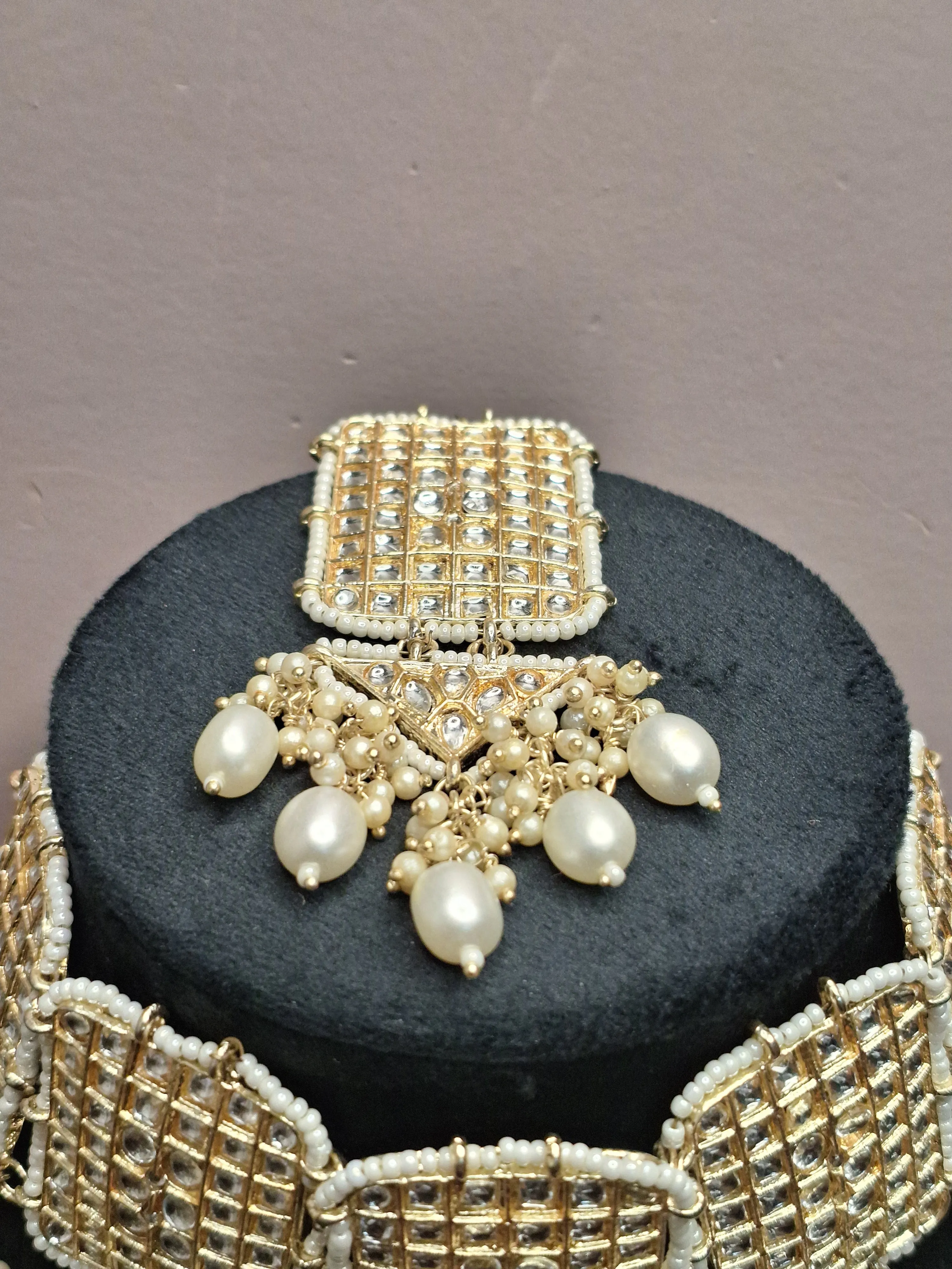 White Colour Gold Plated Pearl Choker Necklace with Earring & Maang Tikka