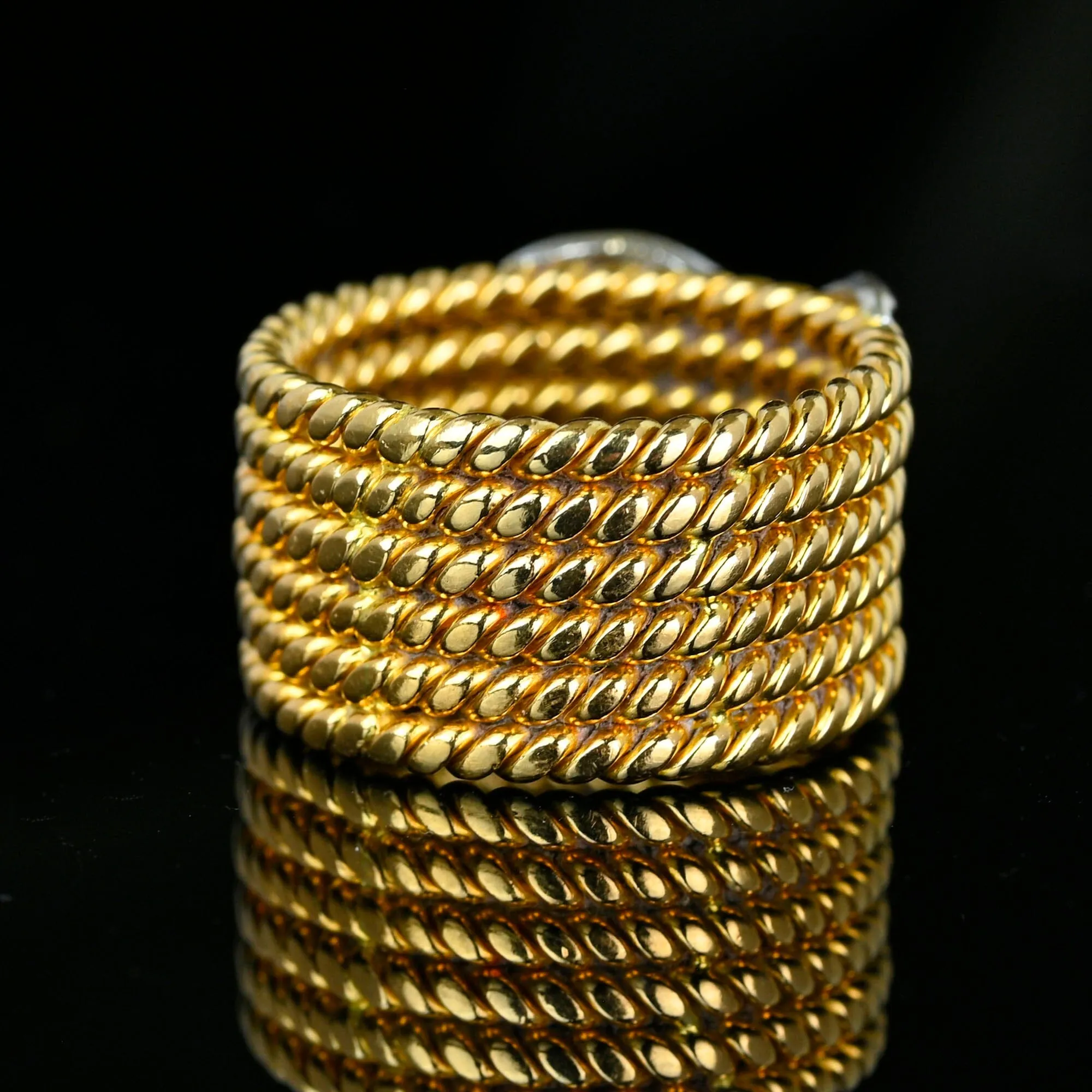 Wide 18K Gold Six Row Rope Ring w Diamond X, Schlumberger Style