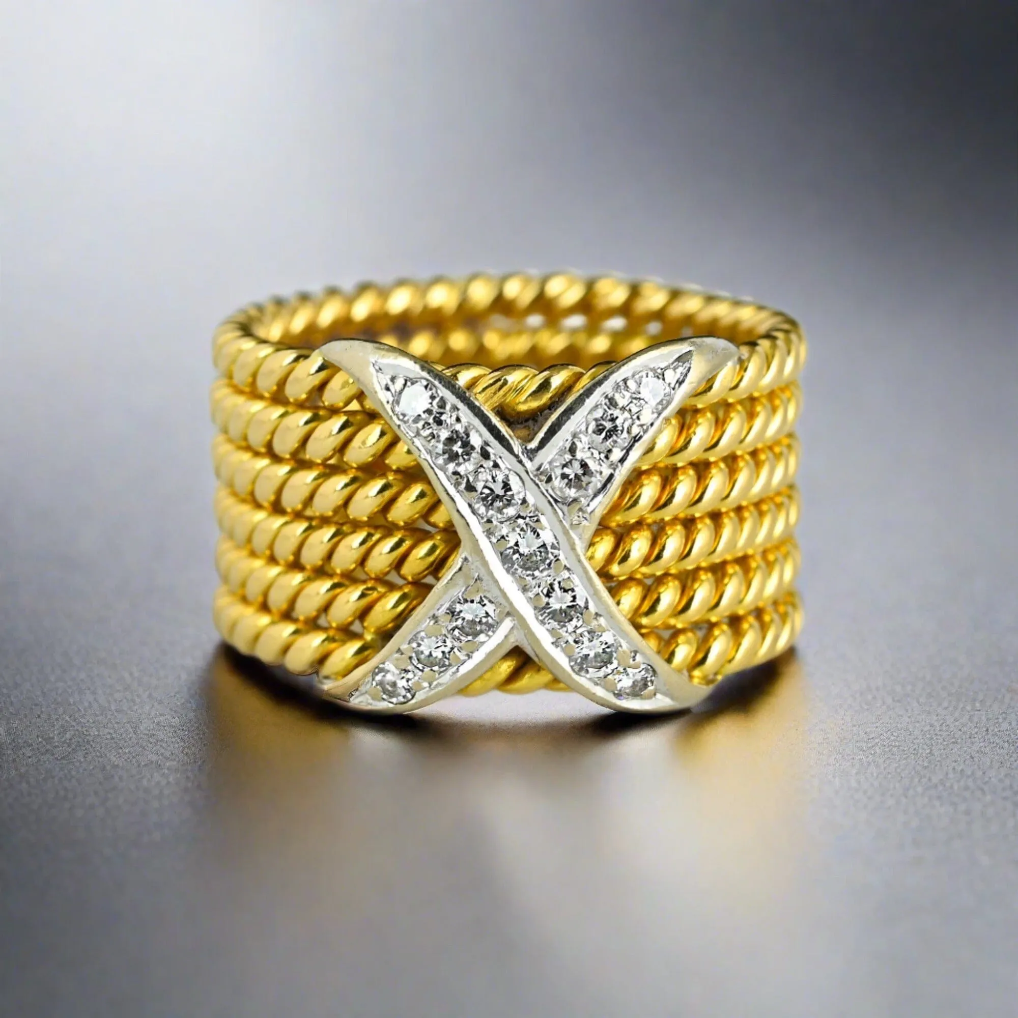 Wide 18K Gold Six Row Rope Ring w Diamond X, Schlumberger Style