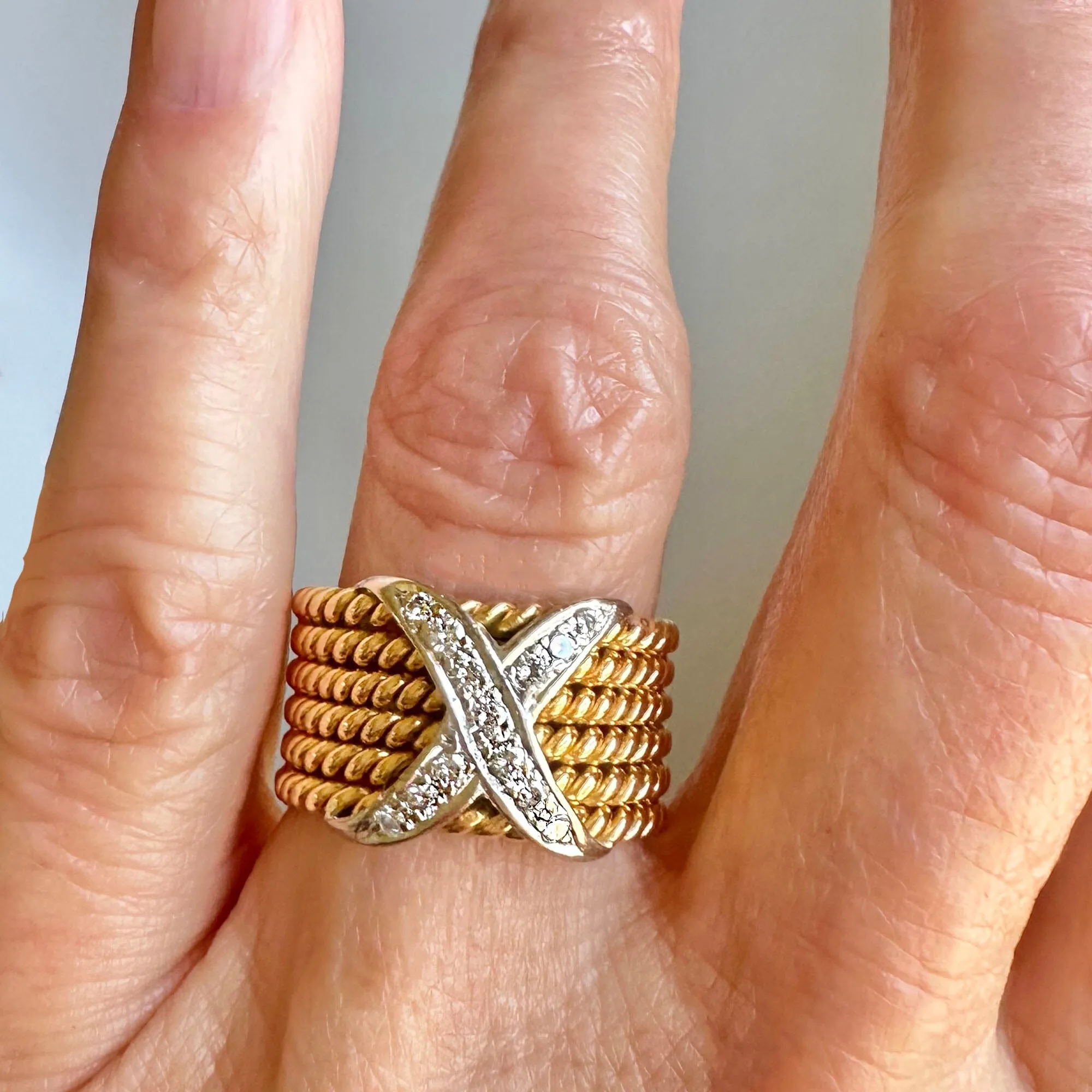 Wide 18K Gold Six Row Rope Ring w Diamond X, Schlumberger Style