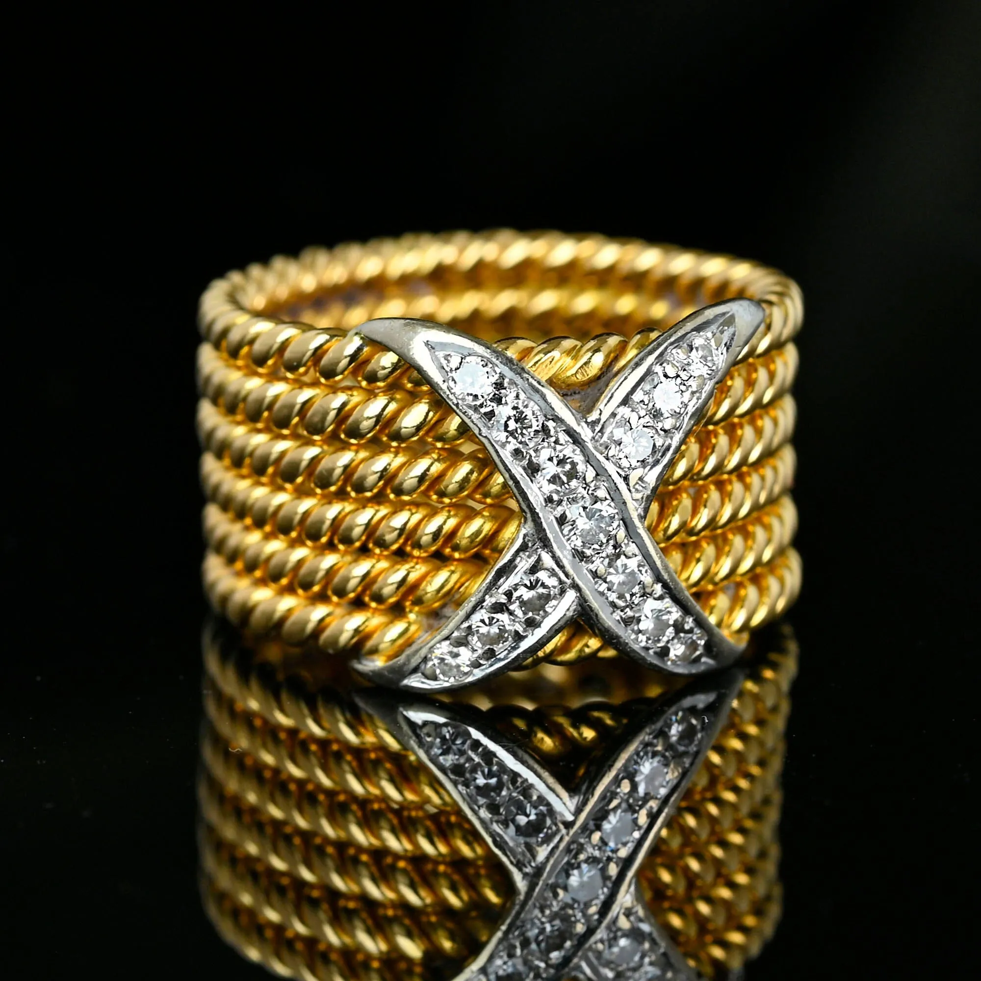 Wide 18K Gold Six Row Rope Ring w Diamond X, Schlumberger Style