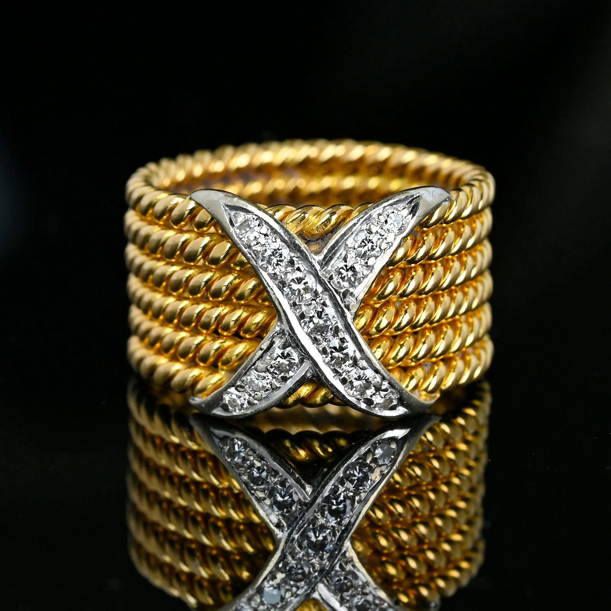 Wide 18K Gold Six Row Rope Ring w Diamond X, Schlumberger Style