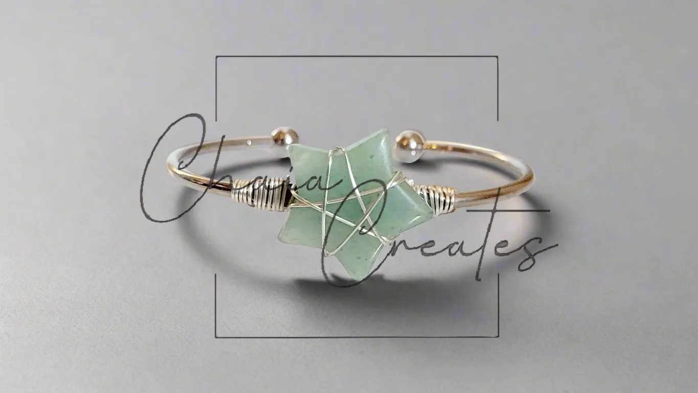 Wire Wrapped Green Aventurine Stone Star Silver Bangle Bracelet