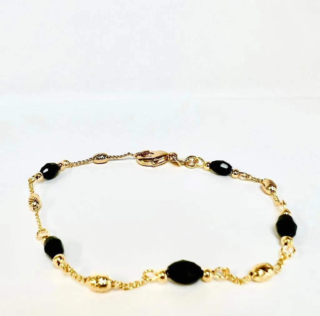 Womens Black Beads Gold Bracelet 7.5" / Everyday Bracelet for Womens / Dainty Bracelet/ 14K Gold Filled Bracelet / Pulsera para Mujer de Oro