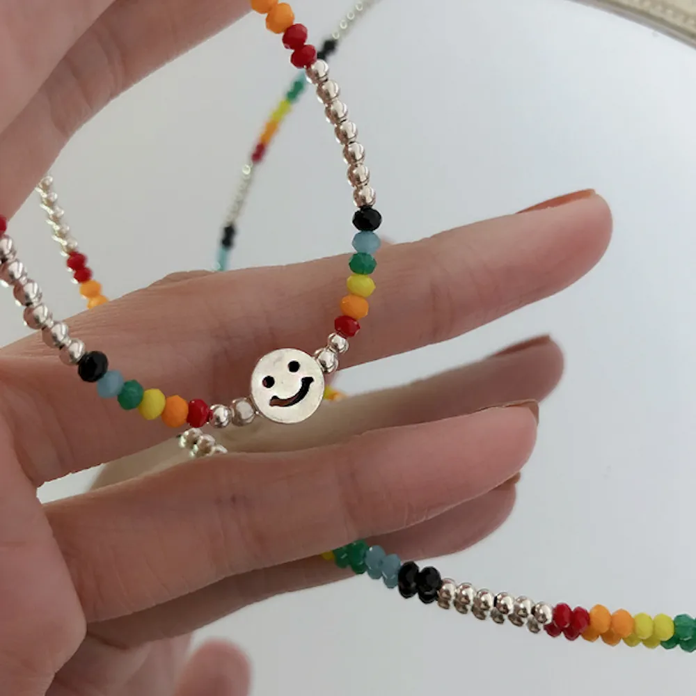 Womens Colorful Beaded Necklace With Happy Face