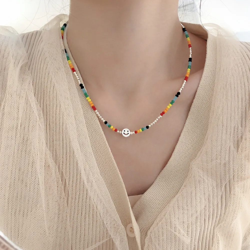 Womens Colorful Beaded Necklace With Happy Face