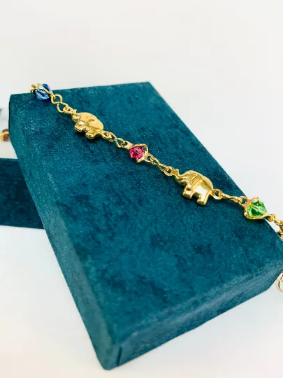 Women's Elephant Bracelet with Yellow Beads 7.5" 3.5g / Elephants Bracelet Gold Filled / Pulsera de Elefante para Mujer de Oro Laminado