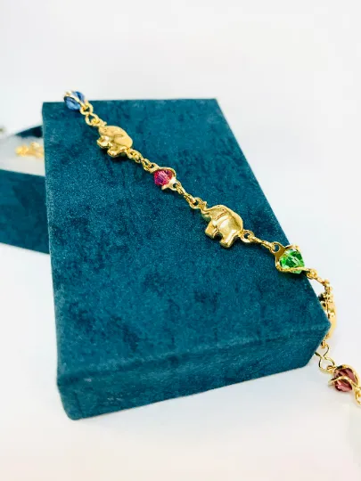 Women's Elephant Bracelet with Yellow Beads 7.5" 3.5g / Elephants Bracelet Gold Filled / Pulsera de Elefante para Mujer de Oro Laminado