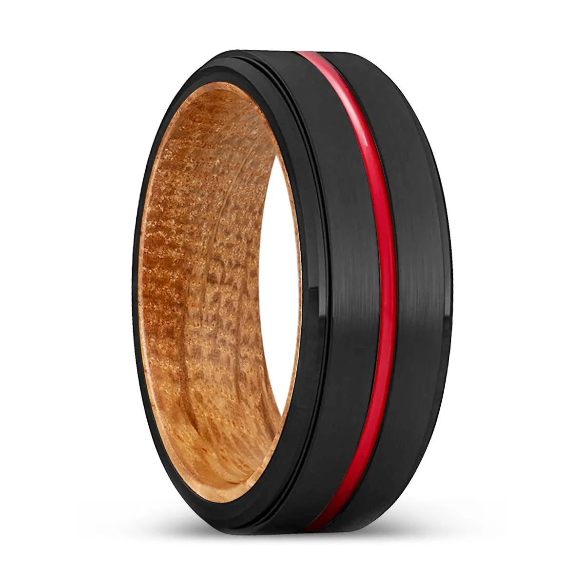 WONDER | Whiskey Barrel Wood, Black Tungsten Ring, Red Groove, Stepped Edge