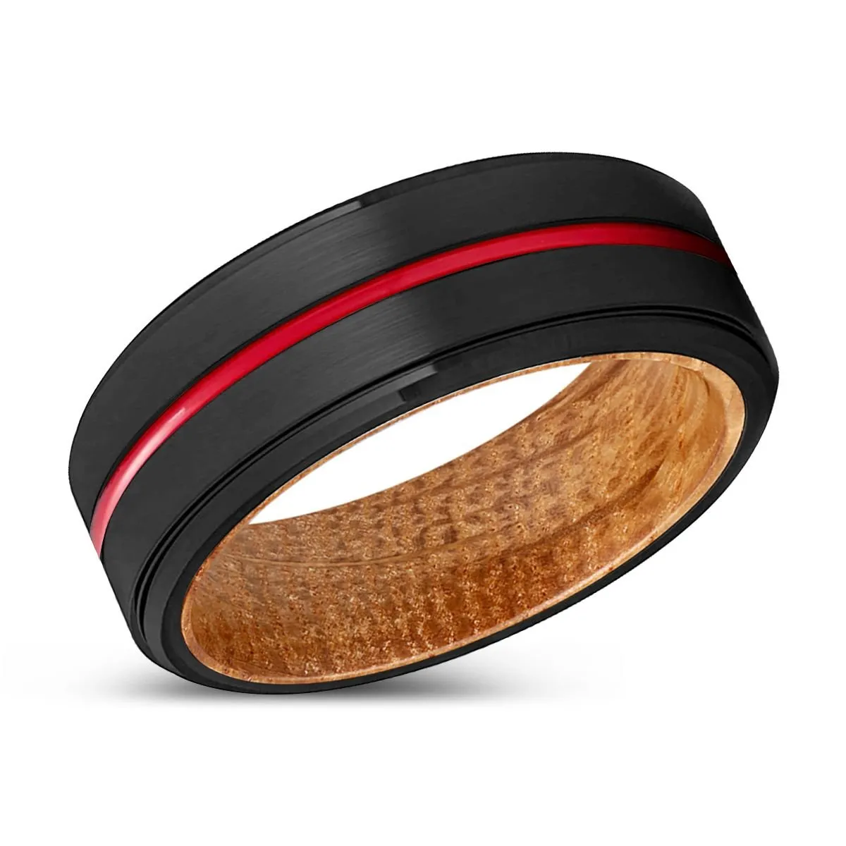 WONDER | Whiskey Barrel Wood, Black Tungsten Ring, Red Groove, Stepped Edge