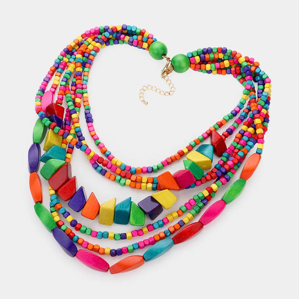 Wooden Beaded Multi Layered Necklace and Earring Set