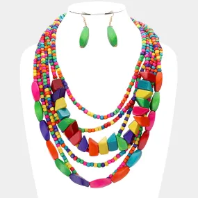 Wooden Beaded Multi Layered Necklace and Earring Set