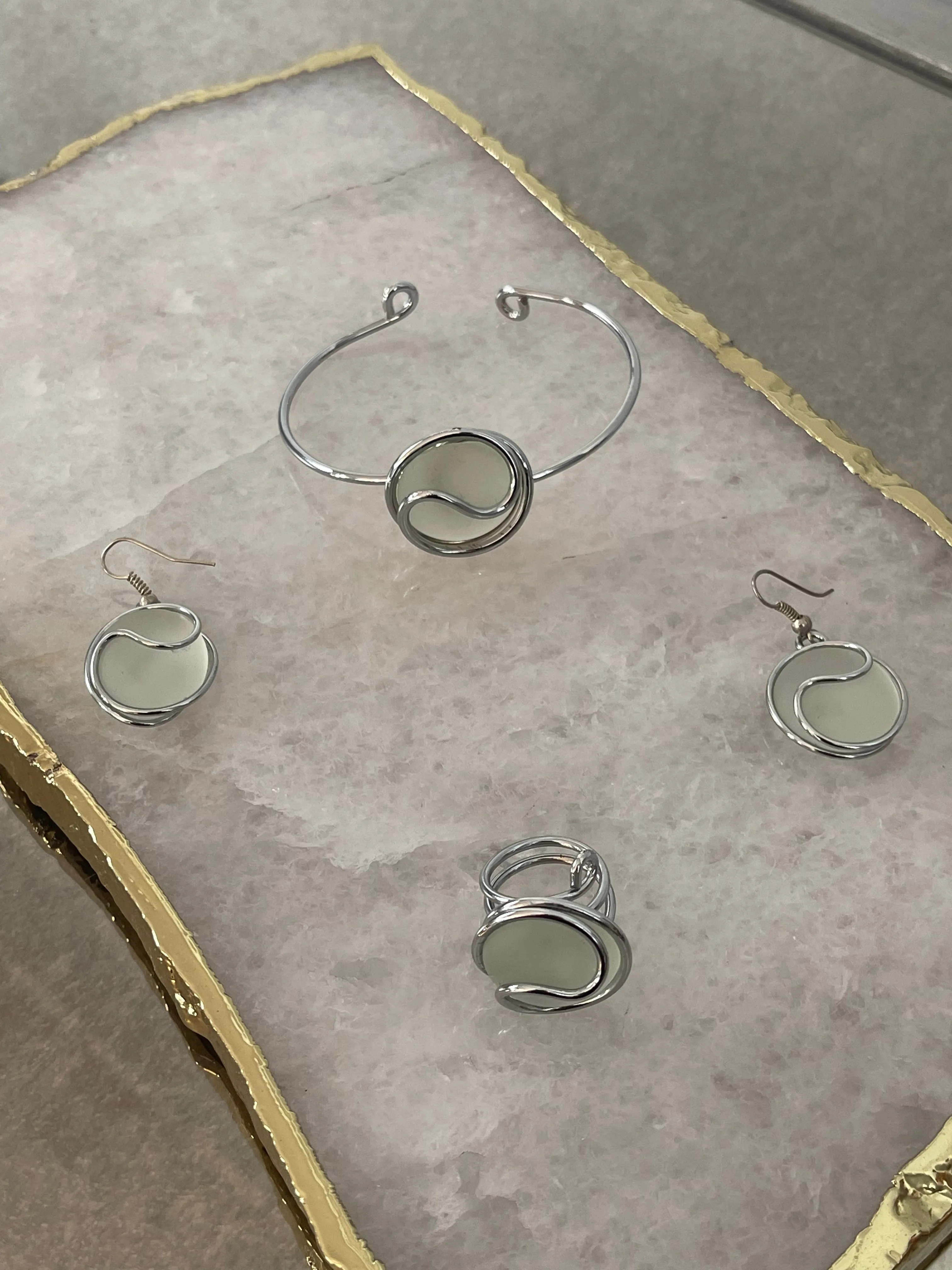 Y2K Frosted Glass Jewelry Set - Earrings, Ring   Bracelet